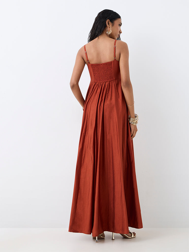 Vark Rust Floral Embroidered Fit-and-Flare Dress