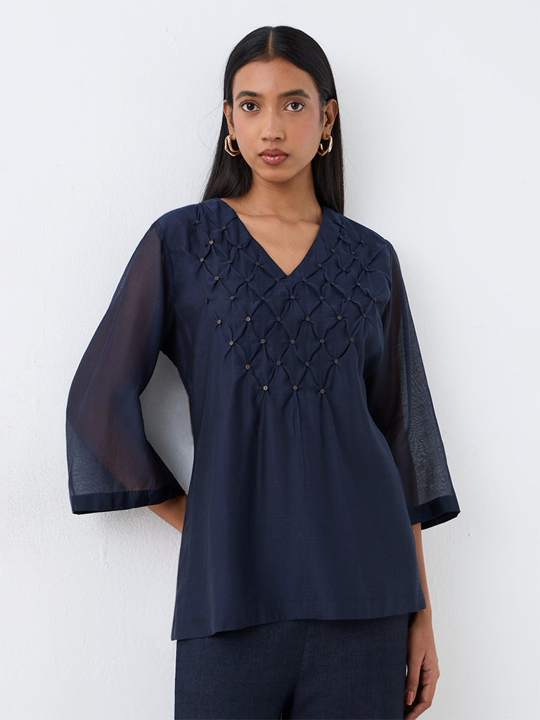 Zuba Indigo Pintuck Design Cotton-Blend Tunic