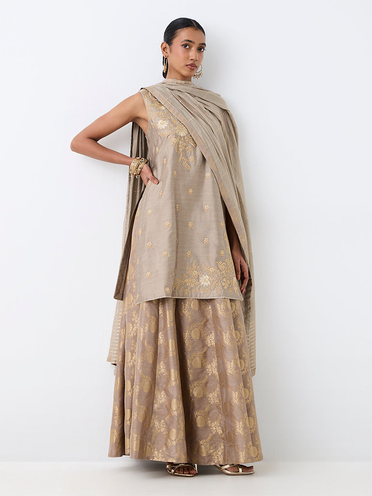 Vark Grey Floral Embroidered A-Line Kurta and Flared Skirt Set