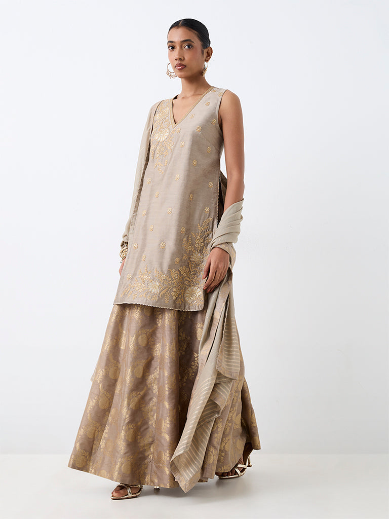 Vark Grey Floral Embroidered A-Line Kurta and Flared Skirt Set