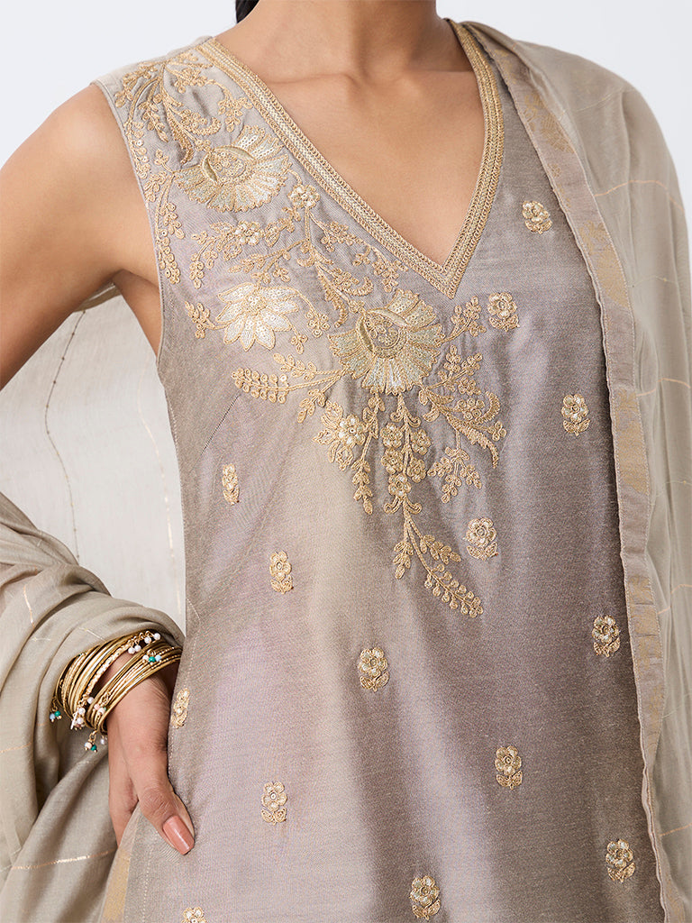 Vark Grey Floral Embroidered A-Line Kurta and Flared Skirt Set