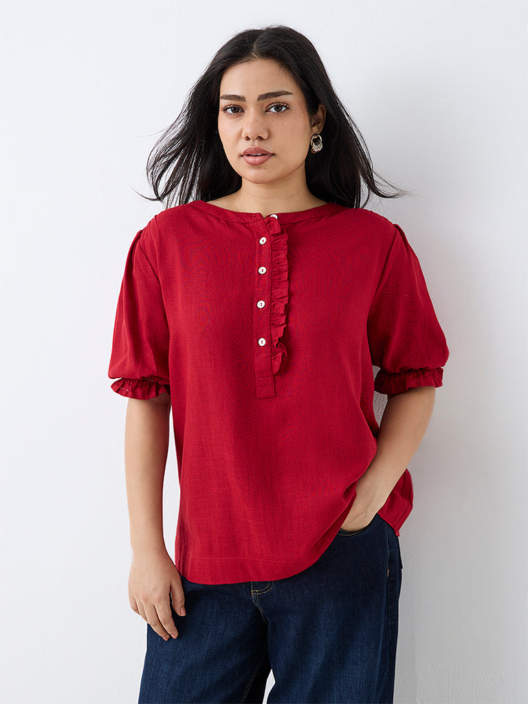 Gia Red Ruffle-Detail Blouse