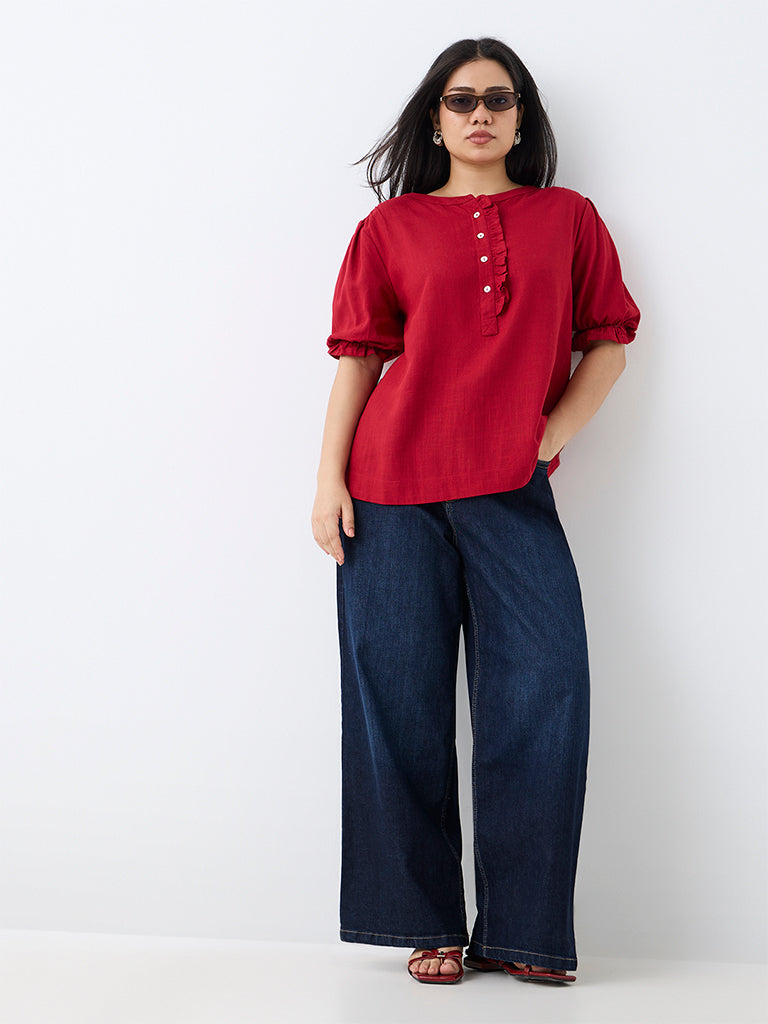 Gia Red Ruffle-Detail Blouse
