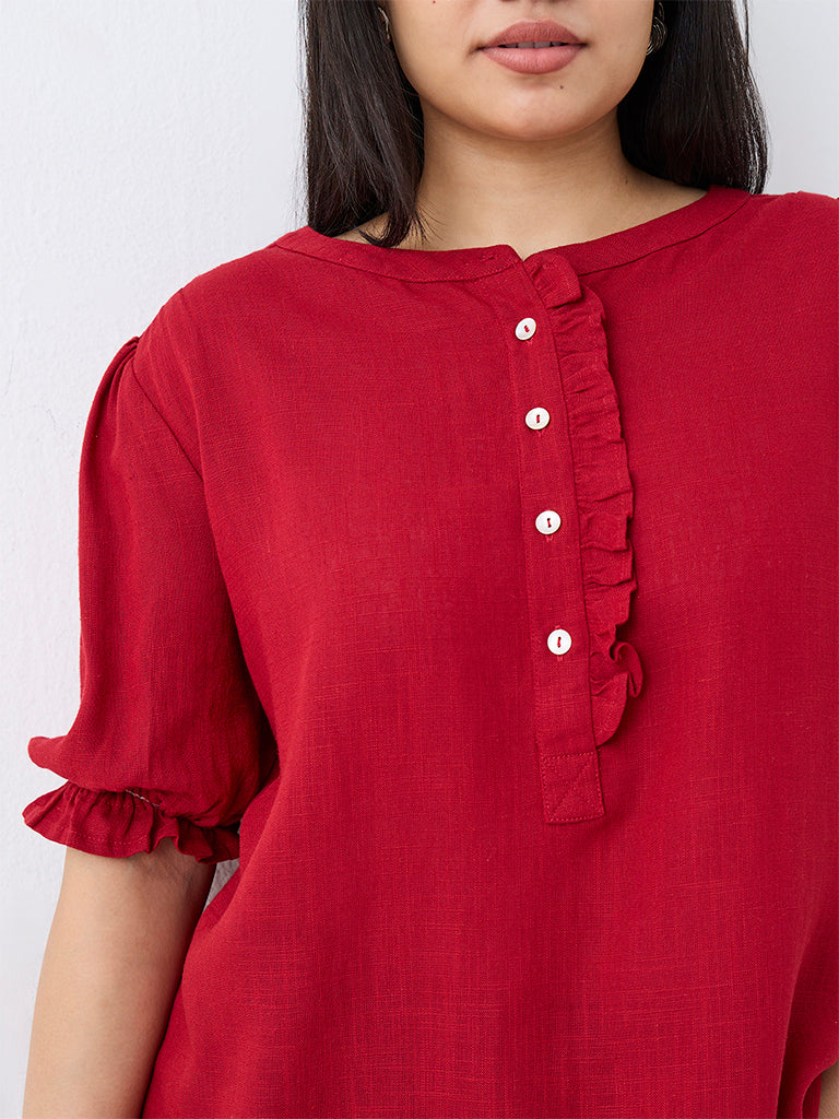 Gia Red Ruffle-Detail Blouse
