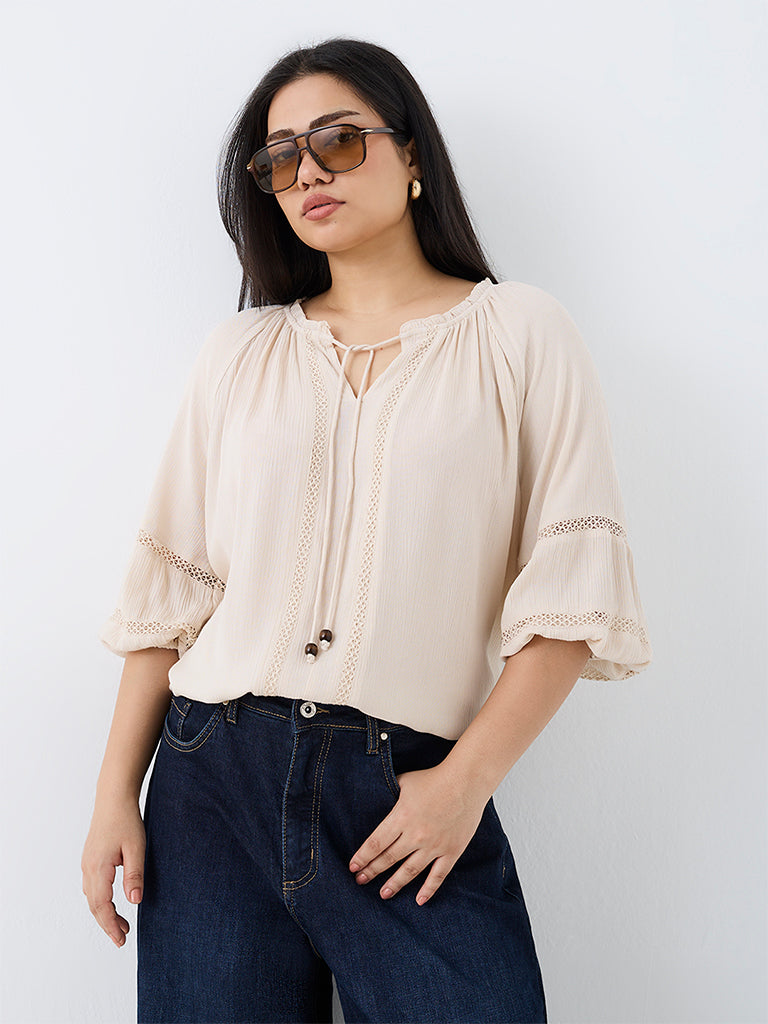 Gia Cream Lace Detail Tie-Up Detail Blouse