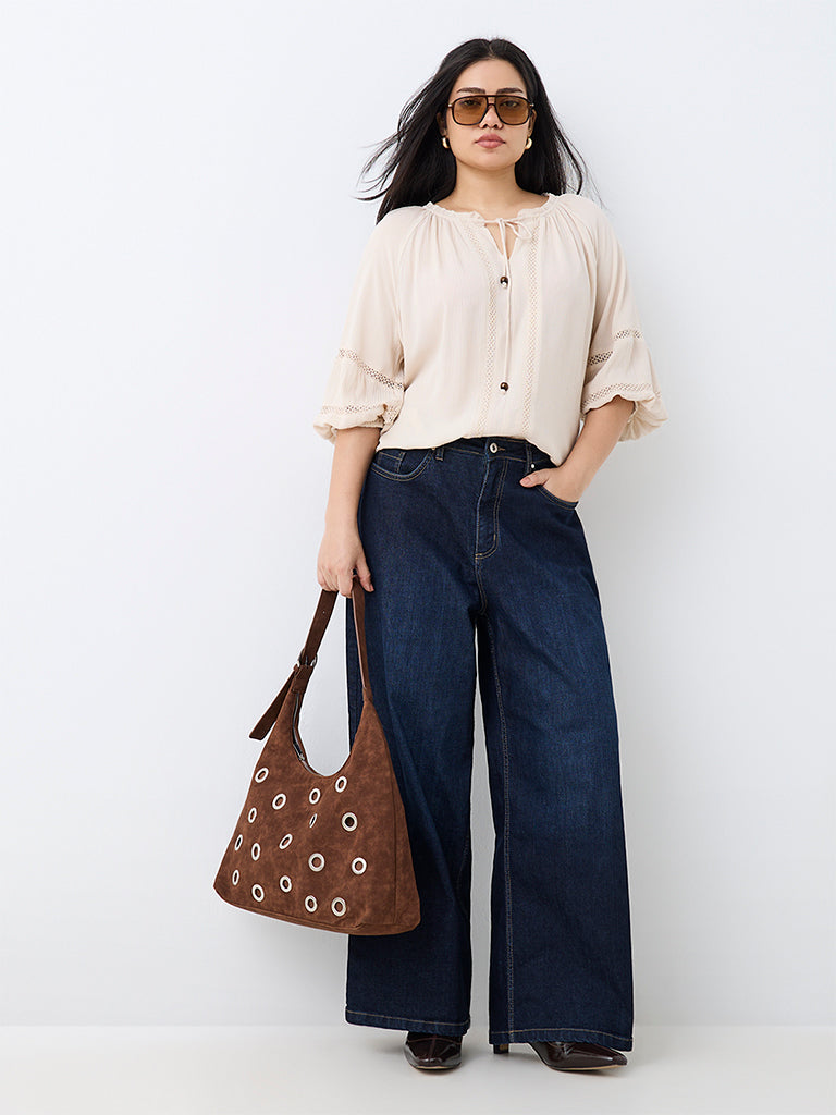 Gia Cream Lace Detail Tie-Up Detail Blouse