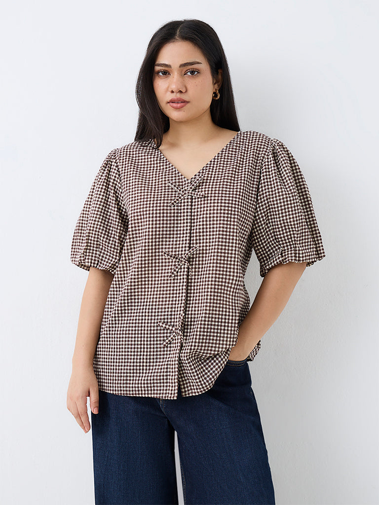 Gia Multicolour Brown Bow-Detail Checkered Blouse