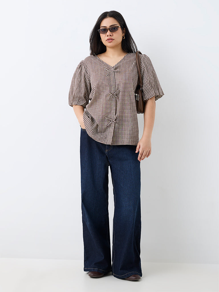 Gia Multicolour Brown Bow-Detail Checkered Blouse
