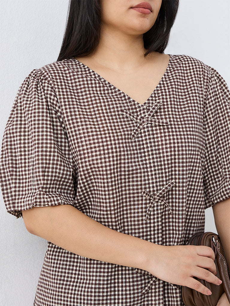 Gia Multicolour Brown Bow-Detail Checkered Blouse