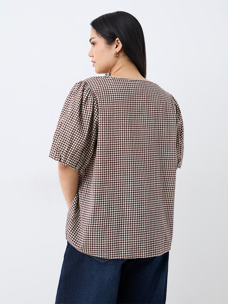 Gia Multicolour Brown Bow-Detail Checkered Blouse