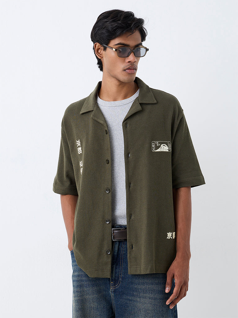 Nuon Dark Olive Japanese-Theme Relaxed-Fit Cotton Shirt