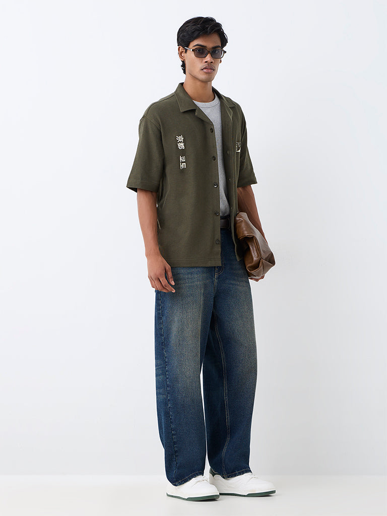Nuon Dark Olive Japanese-Theme Relaxed-Fit Cotton Shirt
