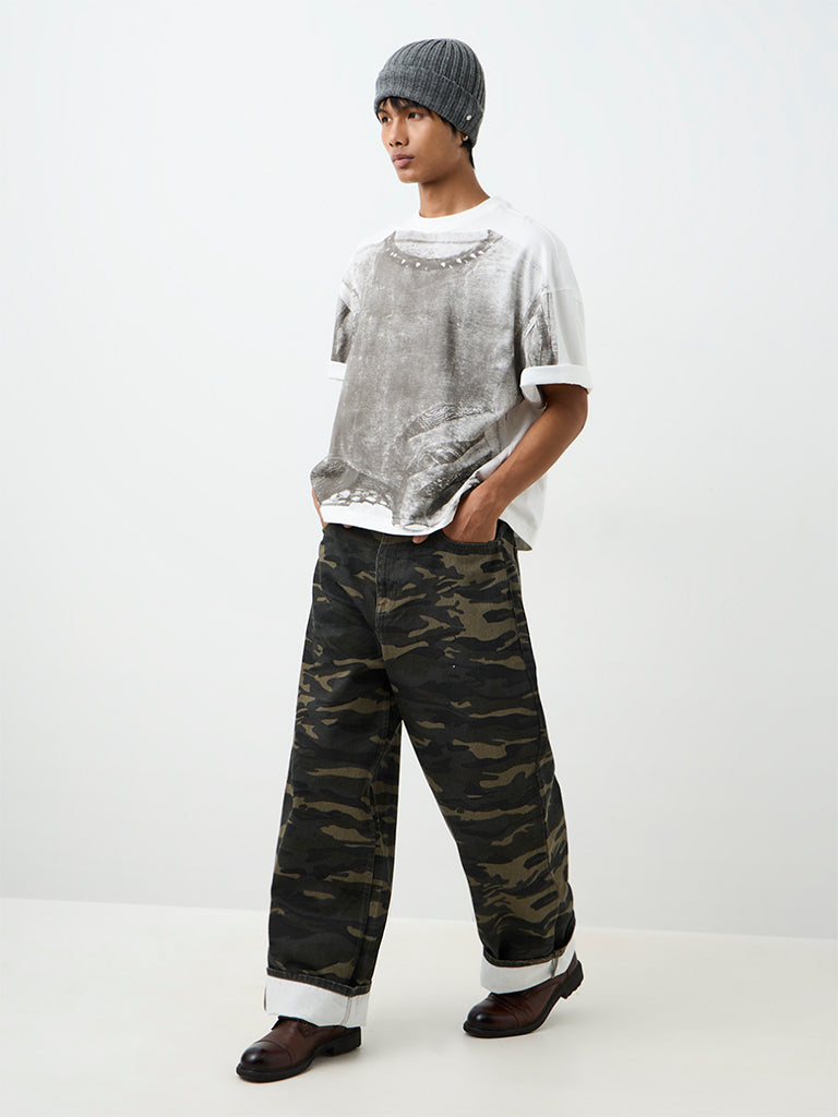 Nuon Off-White Abstract Printed Relaxed-Fit Cotton T-Shirt