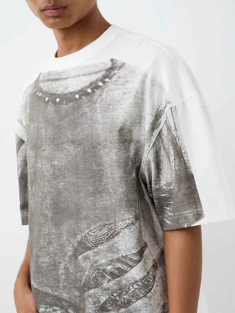 Nuon Off-White Abstract Printed Relaxed-Fit Cotton T-Shirt