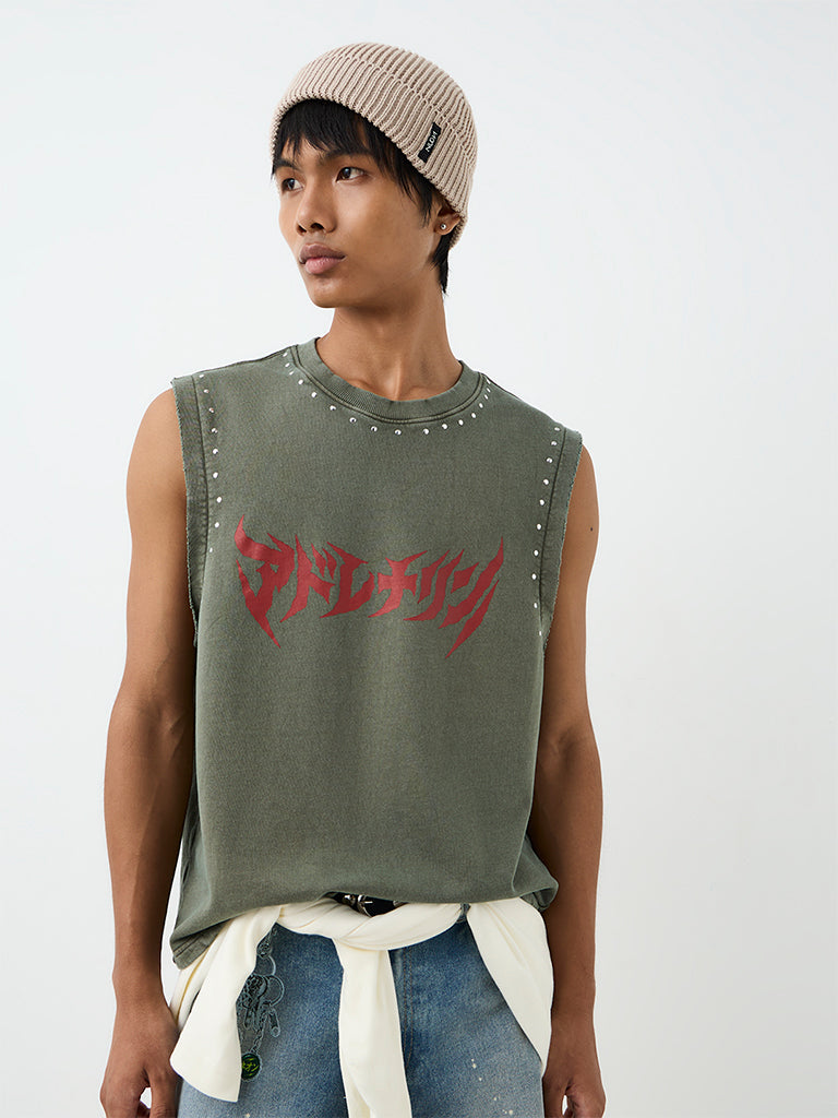 Nuon Olive Graphic Printed Relaxed-Fit Cotton T-Shirt