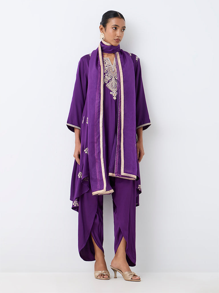 Vark Purple Floral Embroidered Asymmetrical Kurta and Dhoti Pants Set