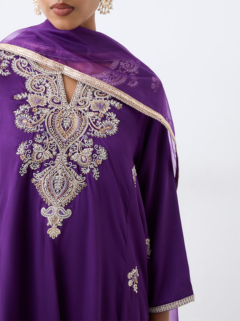 Vark Purple Floral Embroidered Asymmetrical Kurta and Dhoti Pants Set