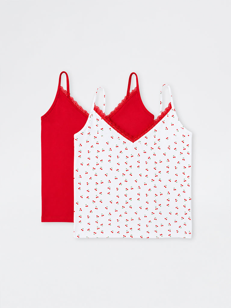 Superstar White Cherry Printed Cotton-Blend Camisoles - Pack of 2