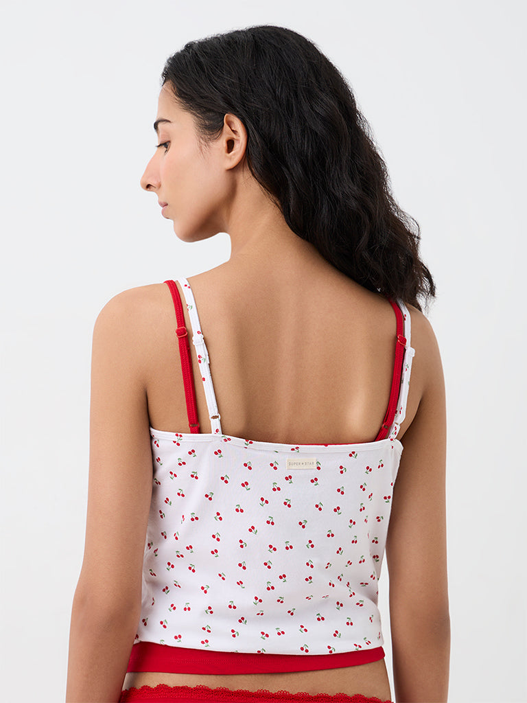 Superstar White Cherry Printed Cotton-Blend Camisoles - Pack of 2