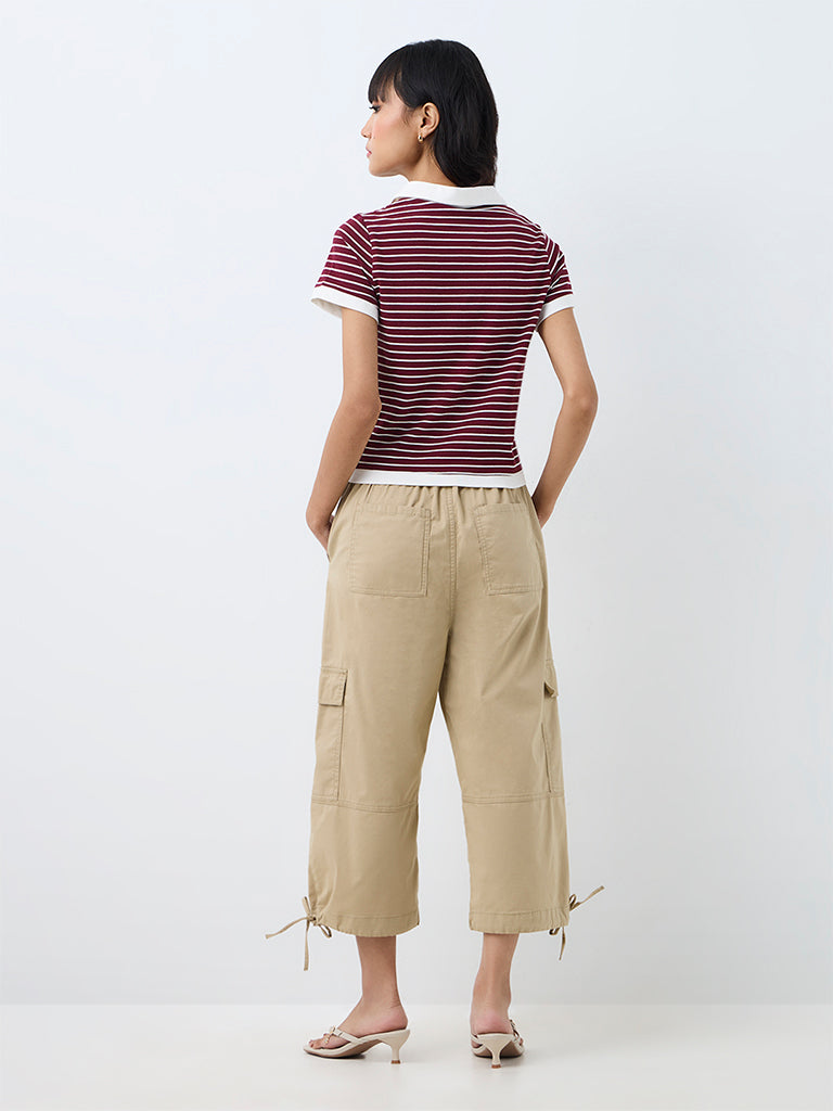 Nuon Light Khaki Cargo-Style High-Rise Cotton-Blend Capri Pants