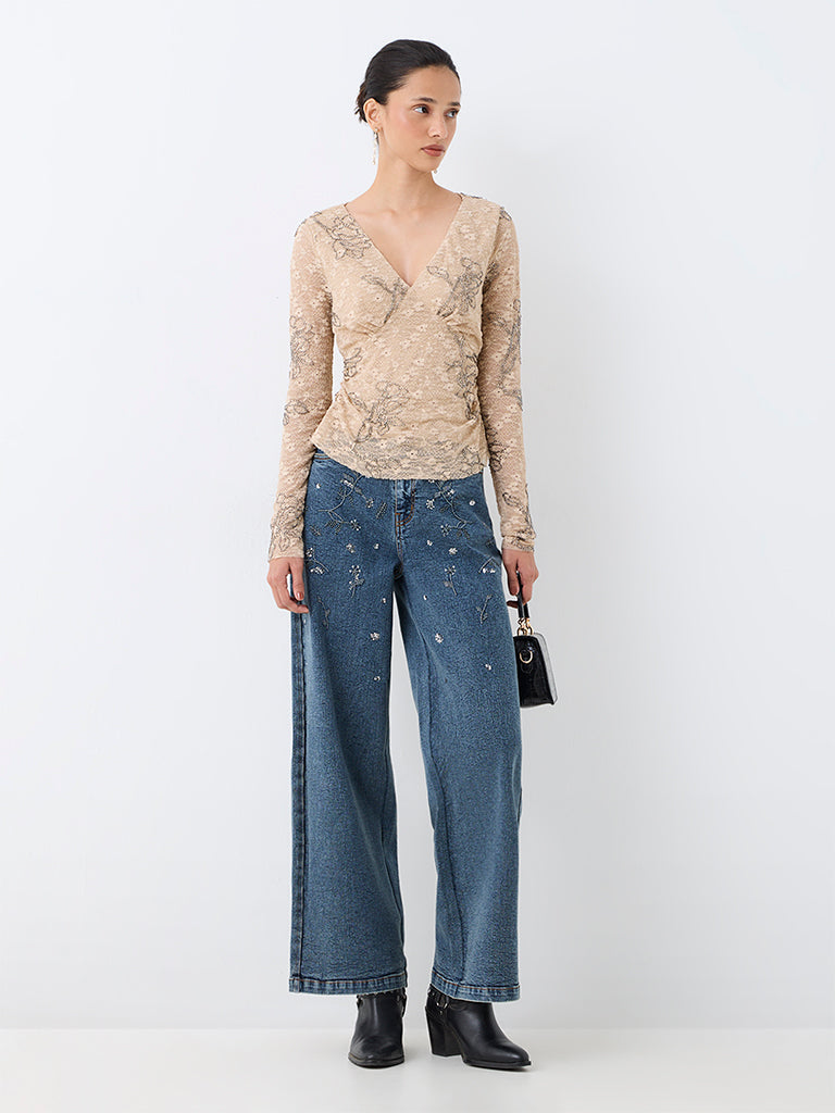 LOV Beige Floral Embellished Mesh Top