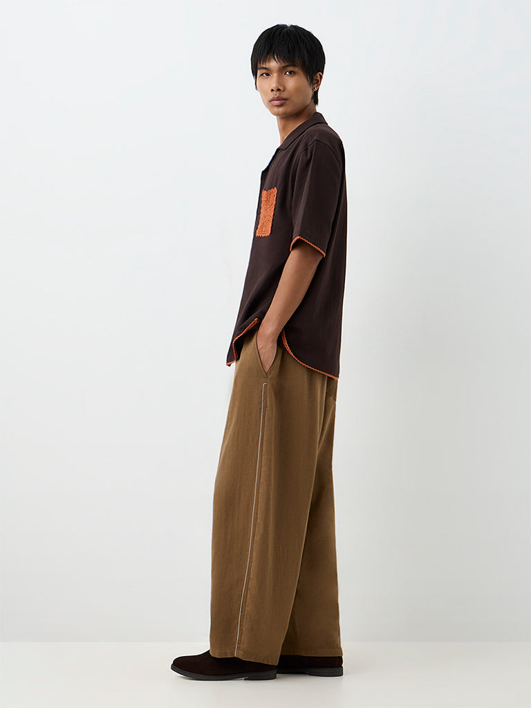 ETA Brown Solid Relaxed-Fit Mid-Rise Cotton-Blend Chinos