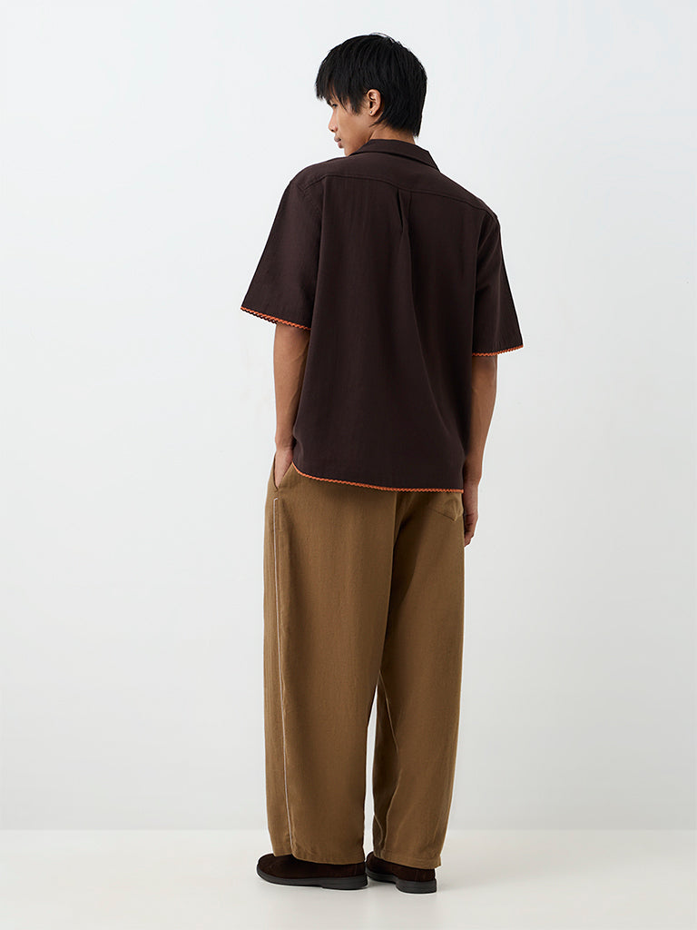 ETA Brown Solid Relaxed-Fit Mid-Rise Cotton-Blend Chinos