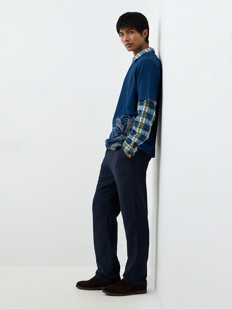 ETA Indigo Crinkle-Textured Relaxed-Fit Mid-Rise Cotton Chinos