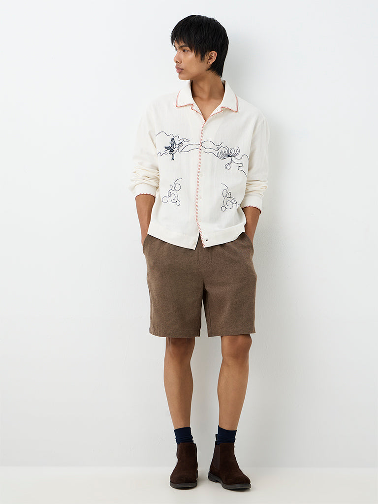 ETA Dark Taupe Embroidered Relaxed-Fit Mid-Rise Cotton-Blend Shorts