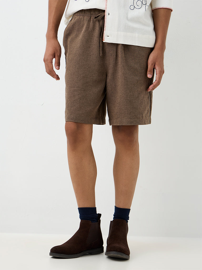 ETA Dark Taupe Embroidered Relaxed-Fit Mid-Rise Cotton-Blend Shorts