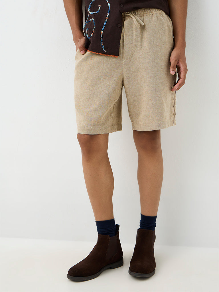 ETA Light Beige Embroidered Relaxed-Fit Mid-Rise Cotton-Blend Shorts