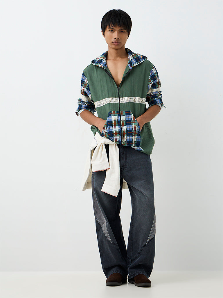 ETA Green Plaid Checkered Relaxed-Fit Hooded Cotton Jacket