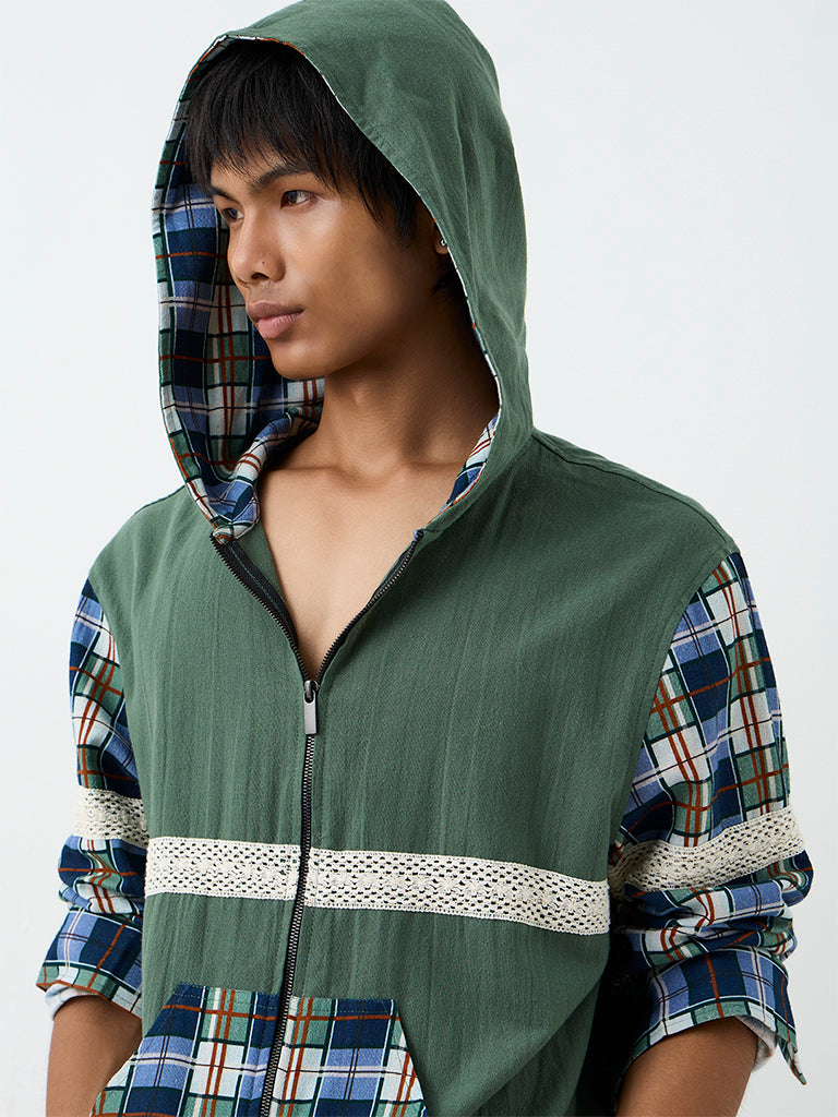 ETA Green Plaid Checkered Relaxed-Fit Hooded Cotton Jacket