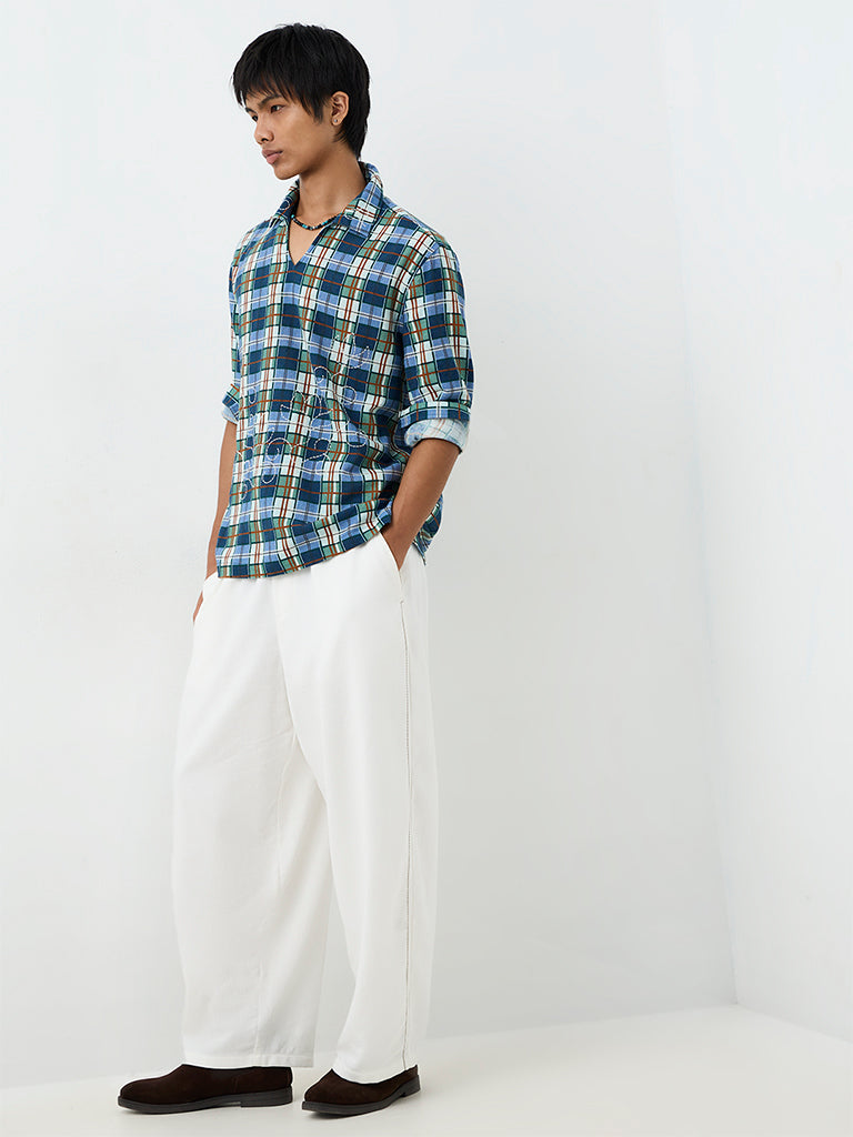 ETA Blue Plaid Checkered Relaxed-Fit Cotton Shirt