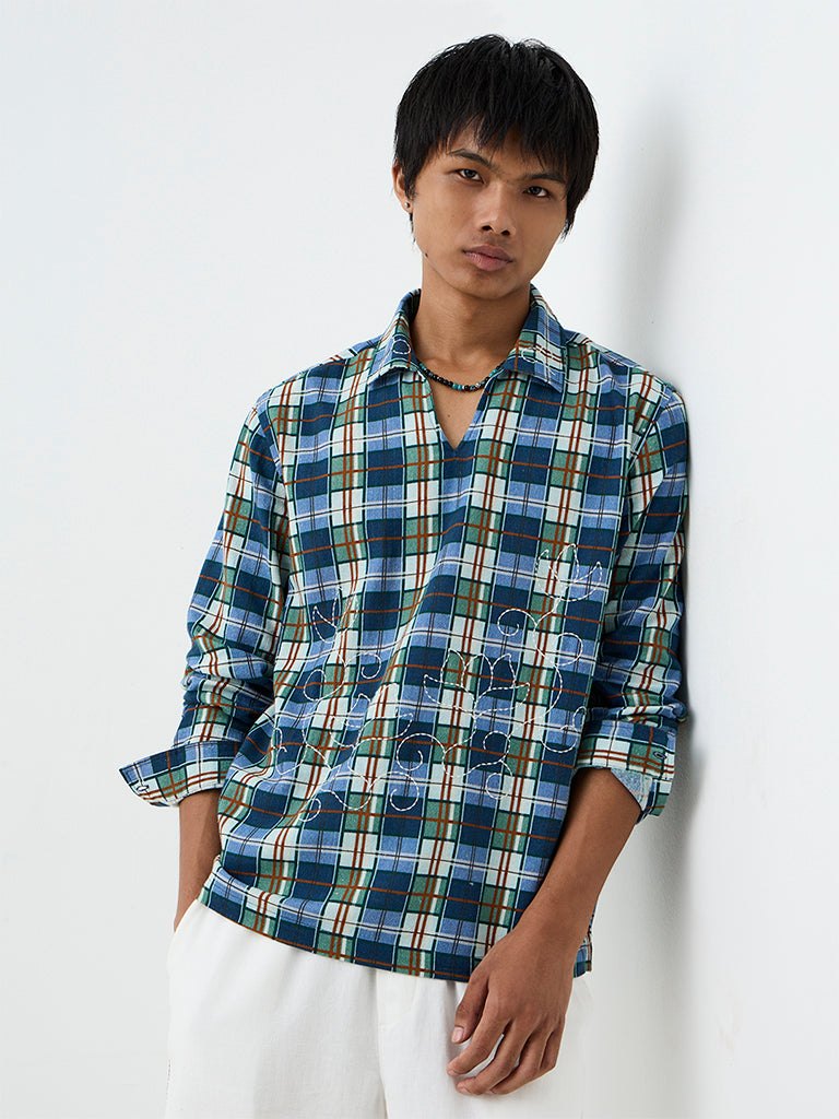 ETA Blue Plaid Checkered Relaxed-Fit Cotton Shirt