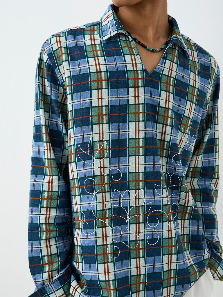 ETA Blue Plaid Checkered Relaxed-Fit Cotton Shirt