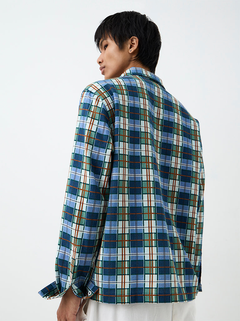 ETA Blue Plaid Checkered Relaxed-Fit Cotton Shirt