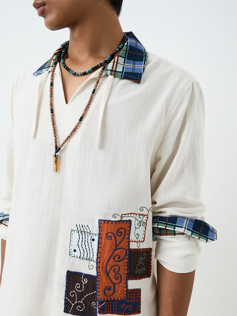 ETA White Patchwork Embroidered Relaxed-Fit Cotton-Blend Shirt