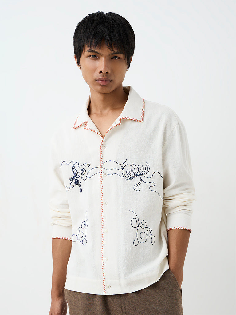 ETA Off-White Embroidered Relaxed-Fit Cotton Shirt