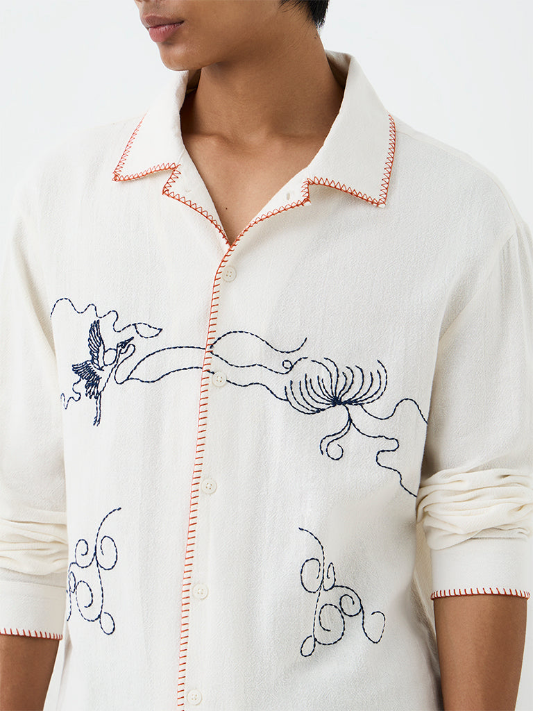 ETA Off-White Embroidered Relaxed-Fit Cotton Shirt