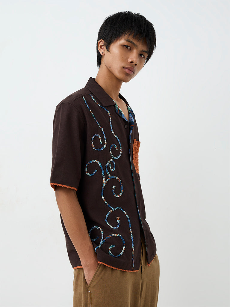 ETA Brown Crochet-Detailed Relaxed-Fit Cotton Shirt