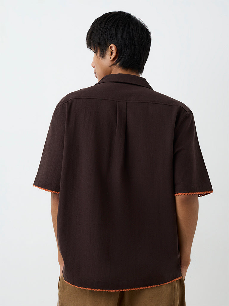ETA Brown Crochet-Detailed Relaxed-Fit Cotton Shirt
