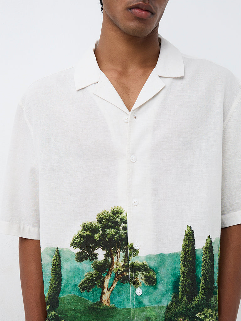ETA White Foliage Printed Relaxed-Fit Cotton-Blend Shirt
