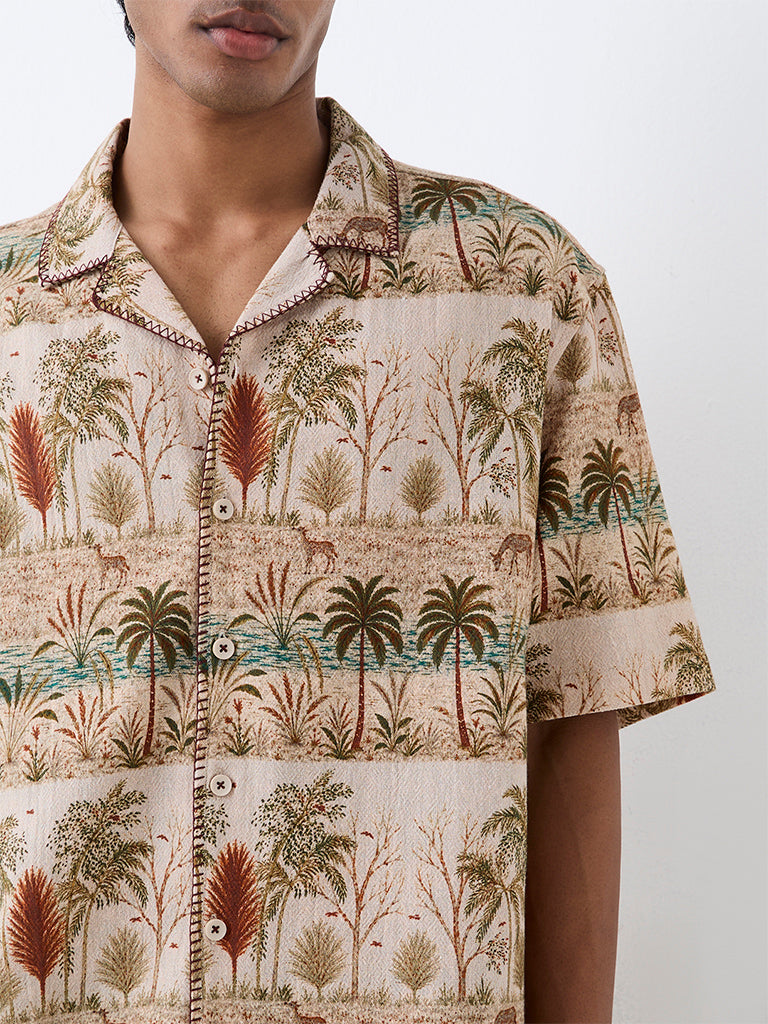 ETA Beige Tropical Printed Relaxed-Fit Cotton Shirt