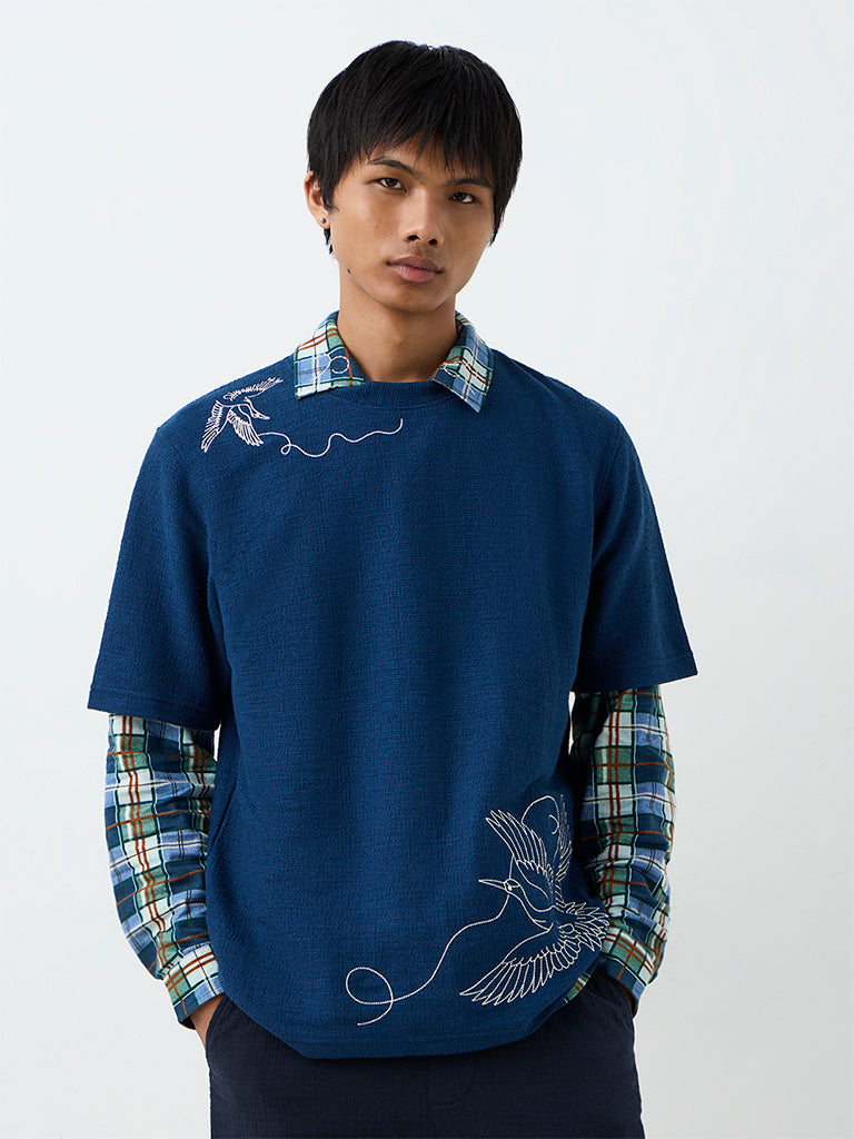 ETA Dark Blue Bird Embroidered Relaxed-Fit Cotton-Blend T-Shirt