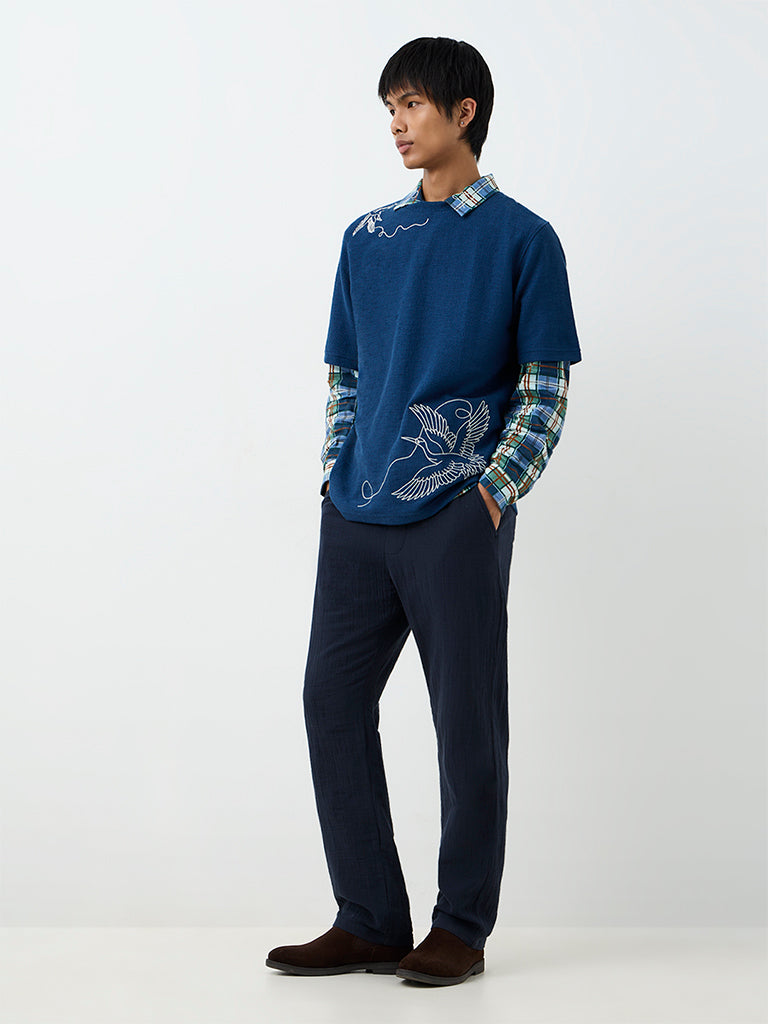 ETA Dark Blue Bird Embroidered Relaxed-Fit Cotton-Blend T-Shirt