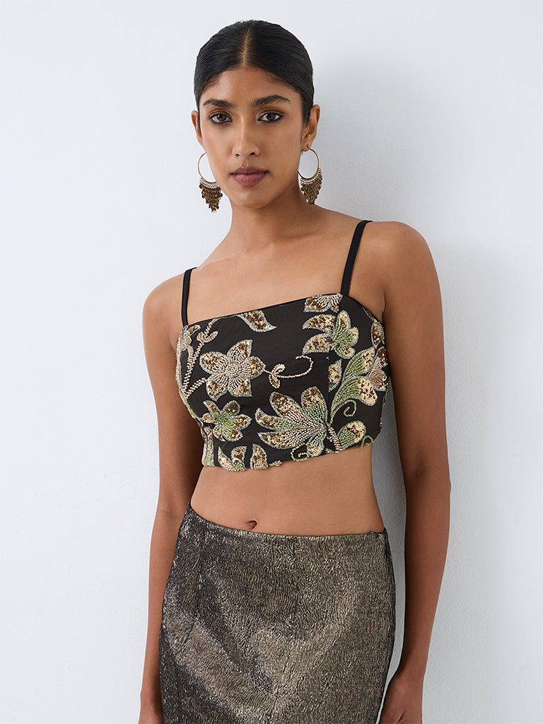 Vark Black Floral Embellished Crop Top