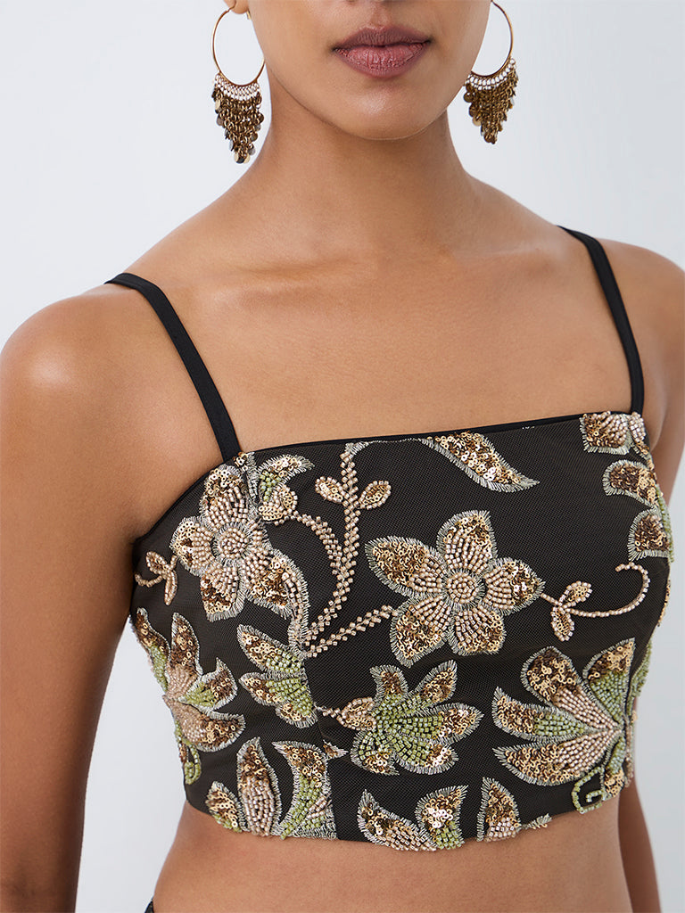 Vark Black Floral Embellished Crop Top