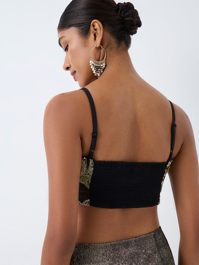 Vark Black Floral Embellished Crop Top