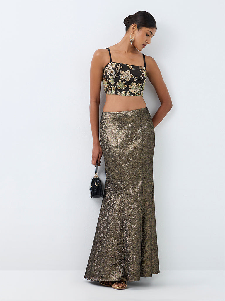 Vark Brown Metallic Jaquard Mermaid Skirt